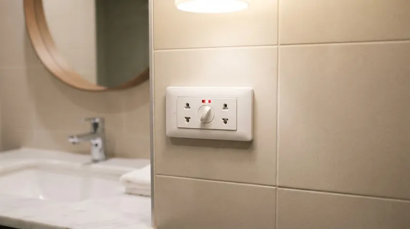 A white dual-voltage hotel shaver socket mounted on a tiled bathroom wall next to a mirror.