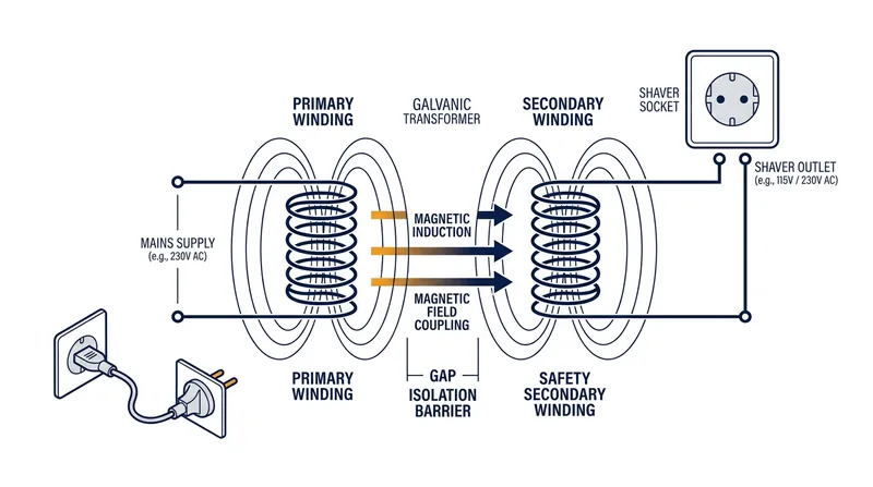 An isolation transformer transfers energy via magnetic induction, removing the direct electrical connection to the ground.