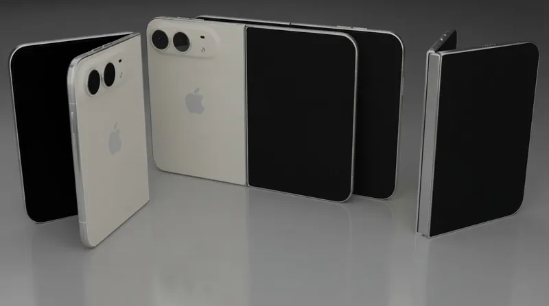 A sleek foldable smartphone resting half-open on a dark wooden desk under dramatic studio lighting.