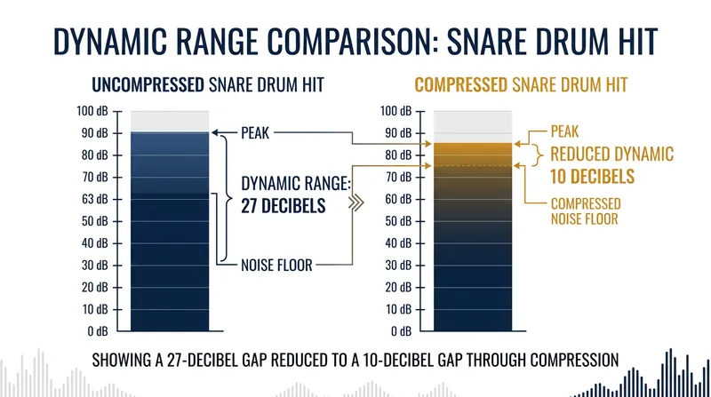 Compression narrows the gap between the loudest transient peak and the quietest trailing resonance.