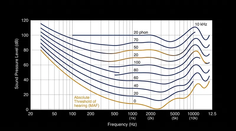 The human ear requires significantly more acoustic energy to perceive low and high frequencies compared to the midrange.