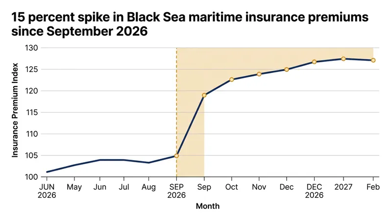 Maritime insurance premiums for Black Sea transits have climbed sharply as drone strikes target commercial vessels.