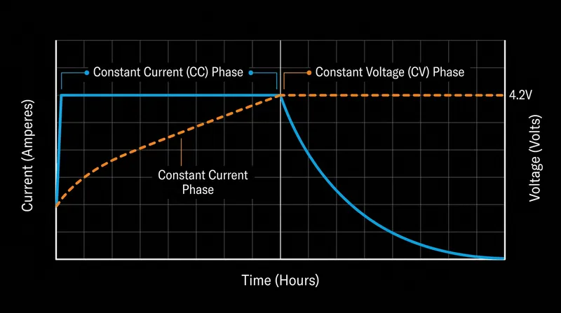 The CC-CV charging protocol tapers the current to prevent the cell voltage from exceeding safe limits.