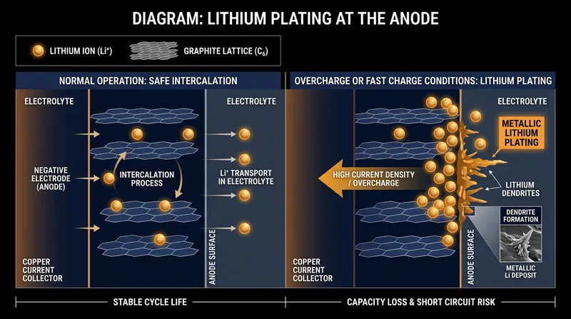 When charging current exceeds the anode's absorption rate, lithium plates on the surface instead of storing safely.