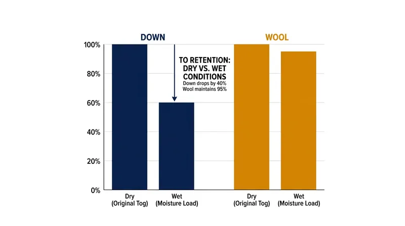 Wool maintains its thermal resistance under high humidity, whereas down loses up to 40 percent of its insulating loft.