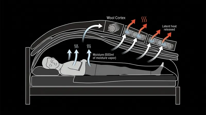 The exothermic reaction inside the wool cortex actively warms the sleeper as humidity rises.