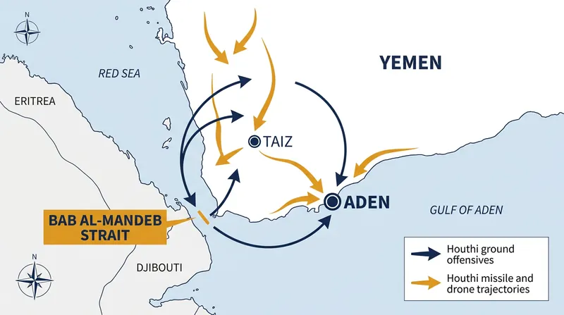 Houthi forces are simultaneously besieging Taiz and launching missile strikes against the government capital in Aden.
