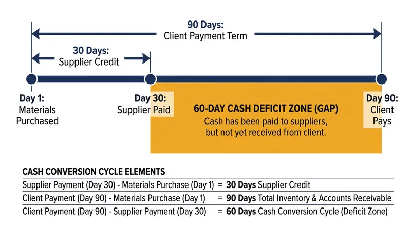 The cash conversion cycle dictates how long capital remains trapped between paying suppliers and collecting from clients.