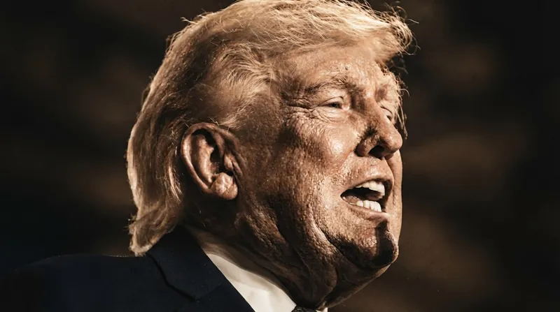Donald Trump speaking at a podium with a serious expression.