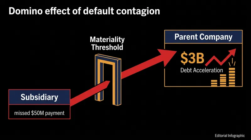 How a localized subsidiary failure accelerates parent-level debt through a cross-default trigger.