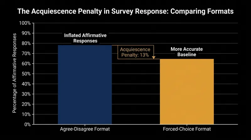 Single-sided statements artificially inflate affirmative responses by capturing respondents who default to agreement.