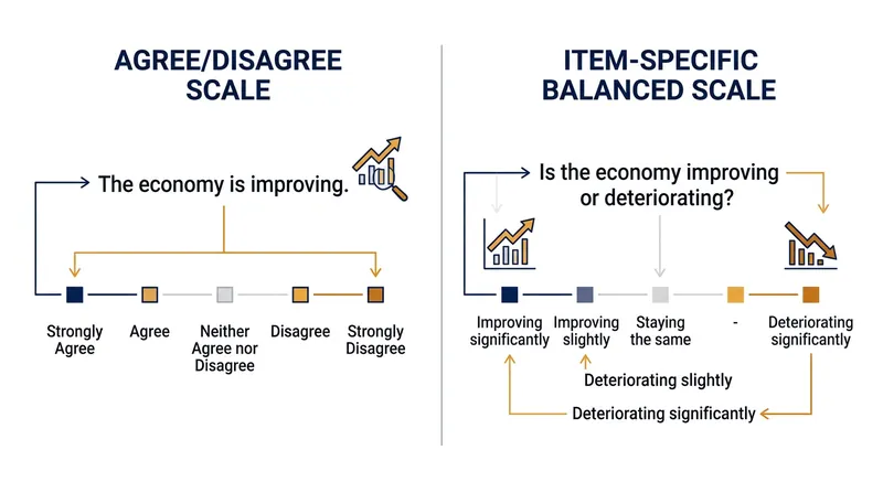 Balanced scales replace generic agreement with construct-specific options, removing the conversational default of saying yes.