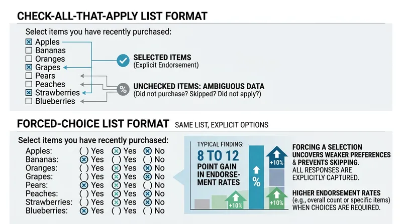 Forcing a distinct 'yes' or 'no' on every list item prevents respondents from passively skipping valid options.