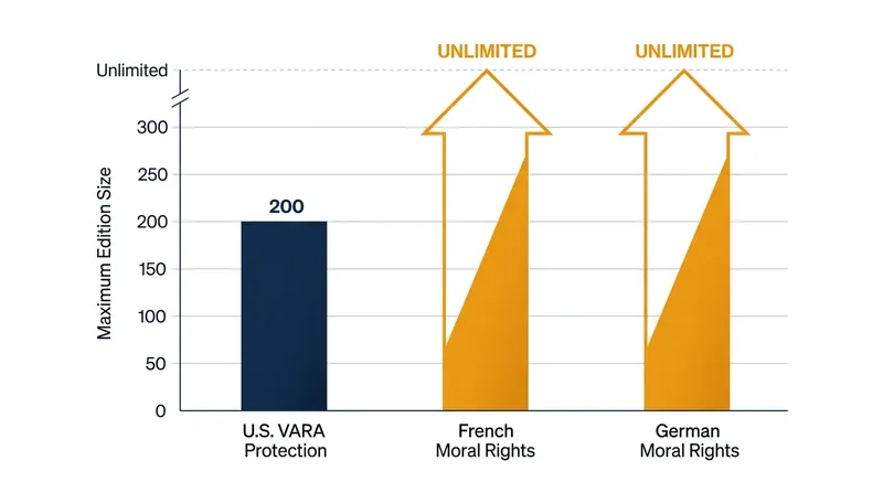U.S. law restricts moral rights to limited editions, while civil law systems apply them universally.