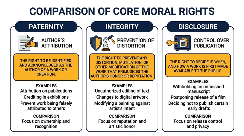 The three primary moral rights protect the personal and reputational relationship between the creator and the work.