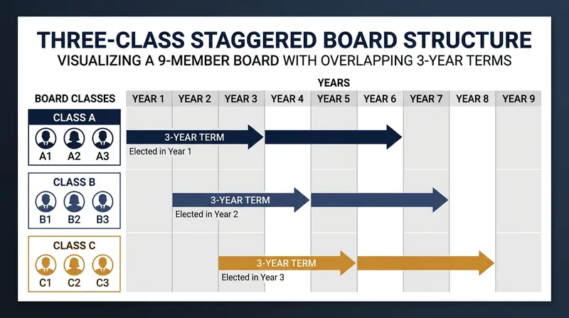 A three-class structure ensures only one-third of the board is replaced in any given election cycle.