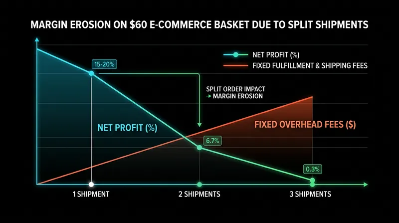 For low-margin retail goods, the duplicated overhead of a split shipment can entirely erase the basket's net profit.