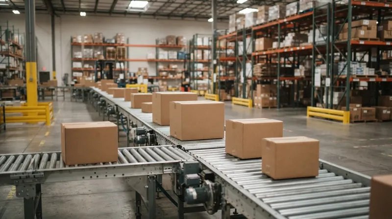 A complex network of conveyor belts routing cardboard boxes through a massive industrial warehouse.