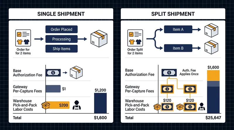 Splitting an order duplicates fixed payment gateway fees and physical warehouse handling costs.