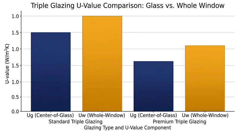 The thermal bridging effect of the frame significantly degrades the whole-window performance.