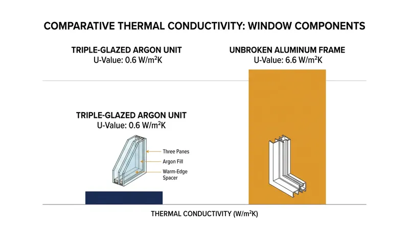 Standard aluminum frames transfer heat 11 times faster than the premium triple glazing they hold.