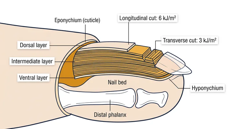 The thick intermediate layer of the nail plate is composed of highly oriented alpha-keratin fibers that create a 2:1 anisotropic energy barrier.