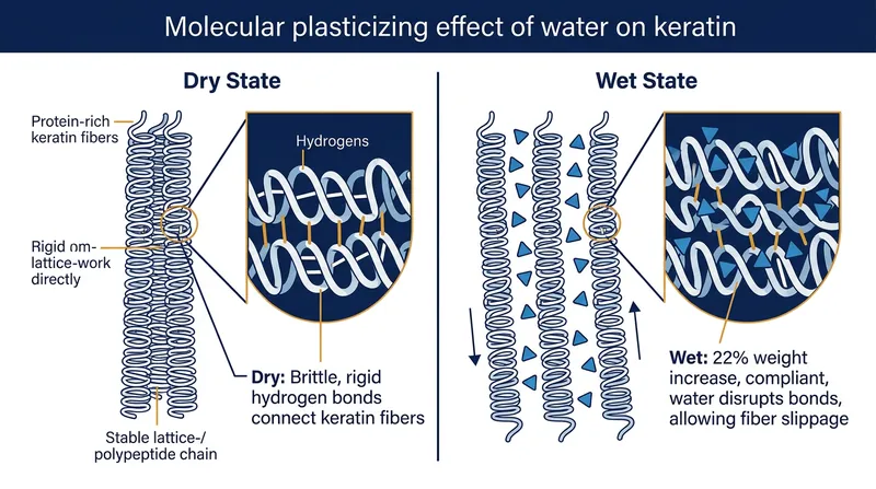 Water acts as a powerful plasticizer, disrupting the hydrogen bonds in the keratin matrix and drastically lowering the material's yield stress.