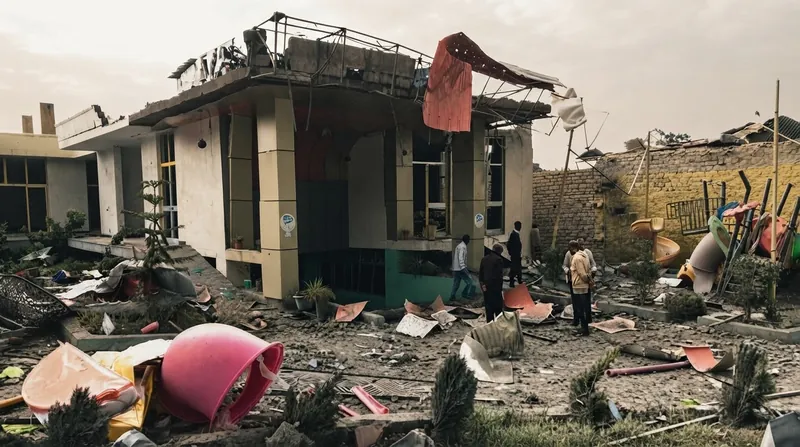 A bustling street scene in Mekelle, Ethiopia, showing pedestrians and vehicles navigating around damaged urban infrastructure.