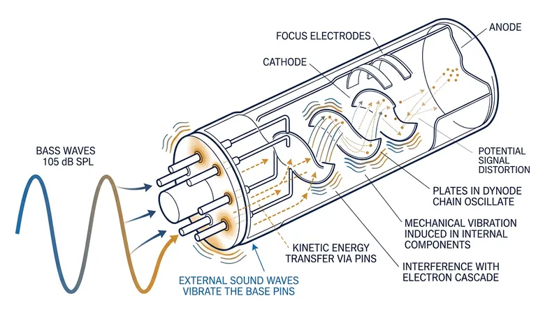 Acoustic energy bypasses the vacuum by traveling through the rigid base pins directly into the dynode supports.