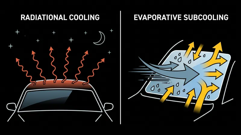 While radiational cooling slowly drains heat overnight, evaporative subcooling acts as a rapid thermal shock.