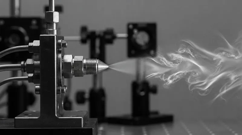 Black and white schlieren photograph showing the turbulent gas wake expanding backward from a rifle muzzle brake.