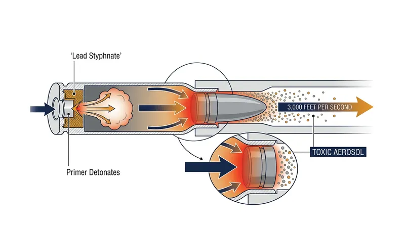The primary sources of aerosolized lead are the primer compound and the friction-heated base of the projectile.