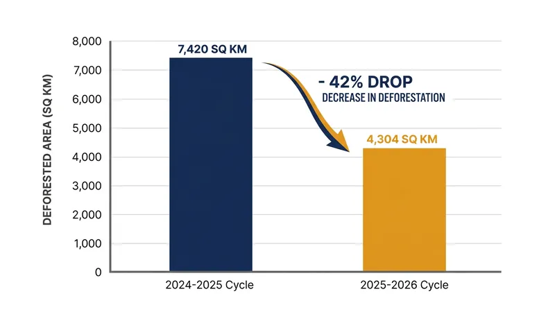 Deforestation in the Brazilian Amazon fell to approximately 4,300 square kilometers in the latest monitoring cycle.