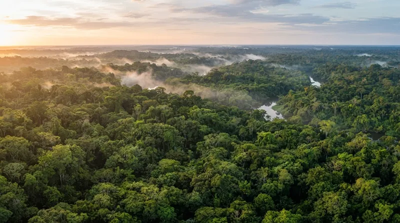 Aerial view showing a sharp boundary between dense green Amazon rainforest and cleared brown land.