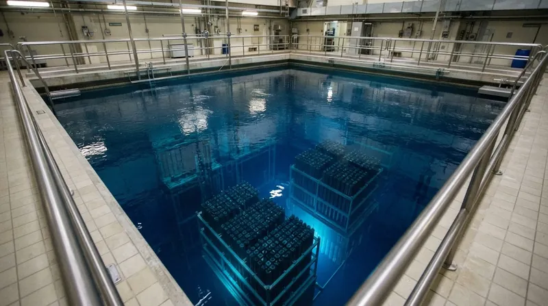 A glowing nuclear fuel assembly submerged in the blue water of a spent fuel inspection pool.