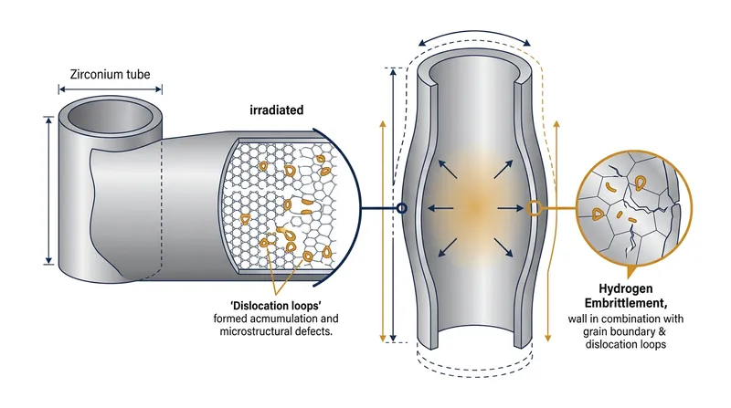 Accumulated lattice defects cause the cladding to swell, elongate, and become dangerously brittle.