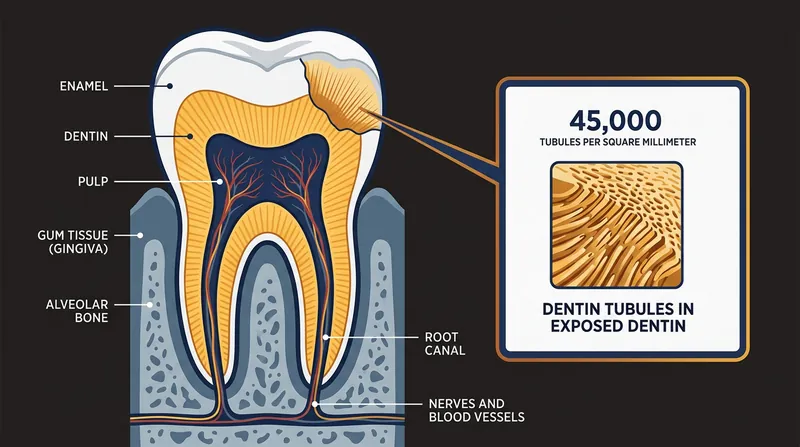 Dentin contains thousands of microscopic fluid-filled channels that radiate from the pulp to the enamel.