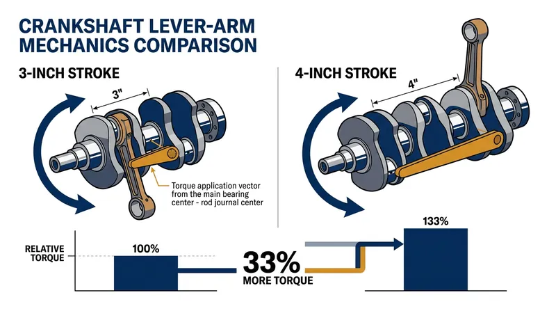 A longer stroke physically extends the lever arm of the crankshaft, multiplying the rotational force applied by the piston.