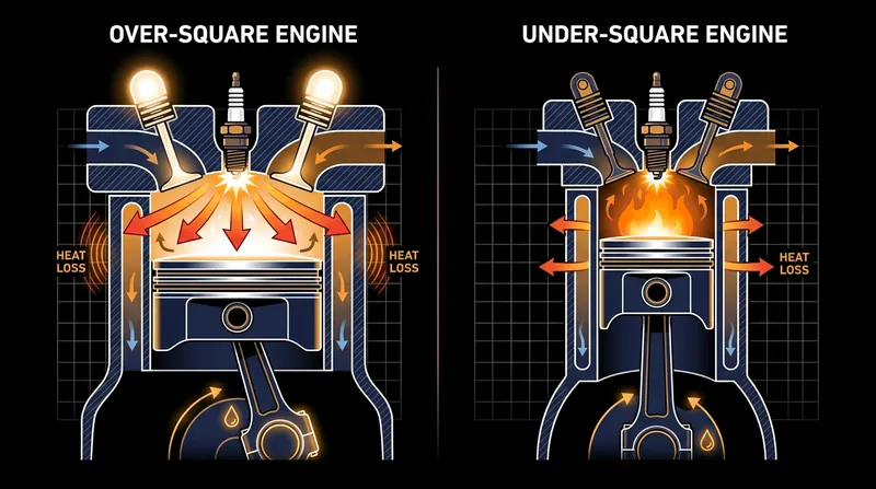 The wide, shallow combustion chamber of an over-square engine increases the surface area exposed to the cylinder walls, bleeding thermal efficiency.