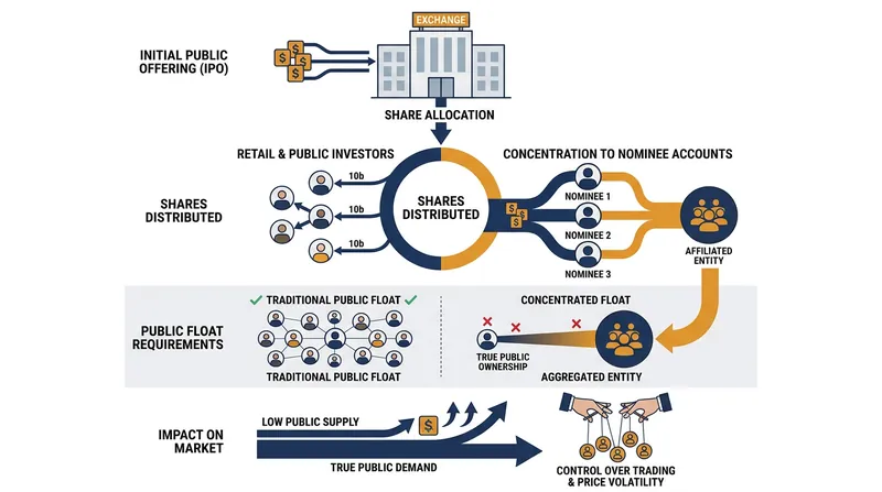 How affiliated nominee accounts restrict public float and concentrate share ownership.