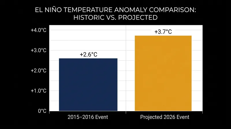 Forecasts indicate the 2026 event could surpass the historic 2015-2016 El Niño in peak intensity.