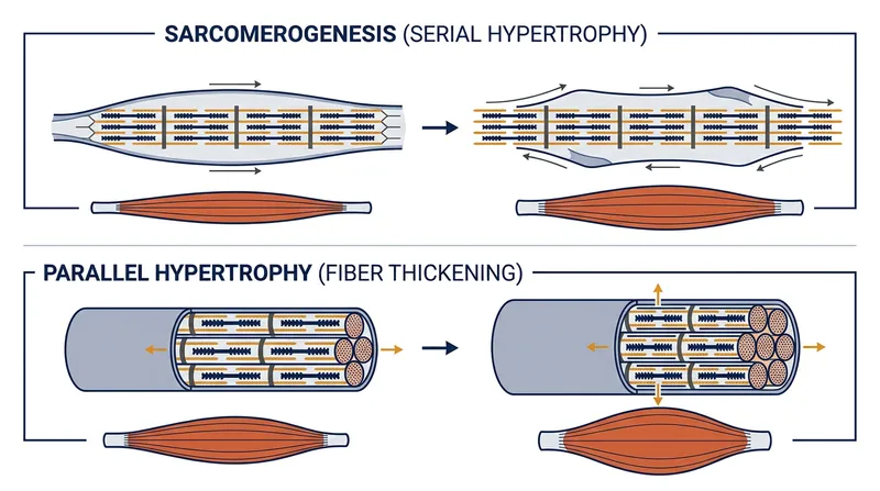 Deep stretches add sarcomeres end-to-end, while short-range movements only stack them in parallel.
