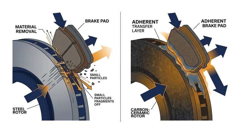 Unlike steel brakes that use abrasive friction, ceramic systems rely on adherent friction via a transfer layer.