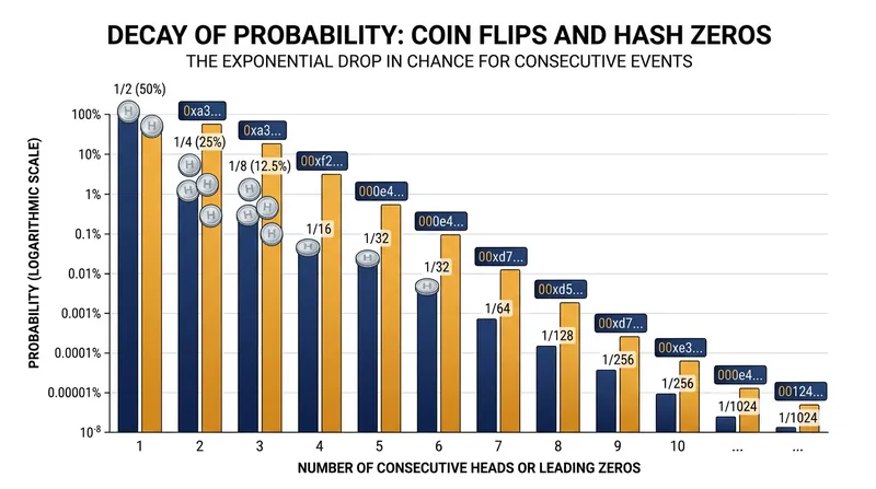 The algorithm relies on the statistical rarity of long sequences of leading zeros.