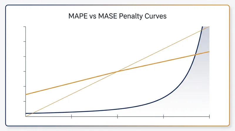 The asymmetry of percentage errors penalizes over-forecasting infinitely more heavily than under-forecasting.