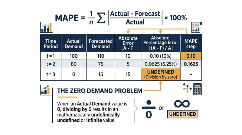MAPE becomes mathematically undefined during zero-demand periods, forcing systems to drop data or artificially bound the error.