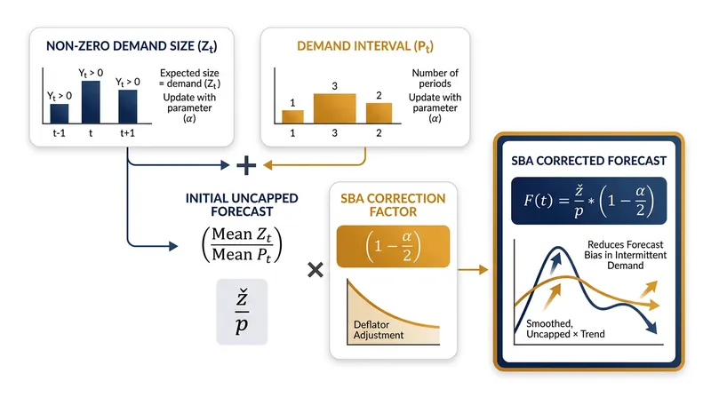 The SBA correction removes the systematic upward bias inherent in Croston's method by deflating the final ratio.