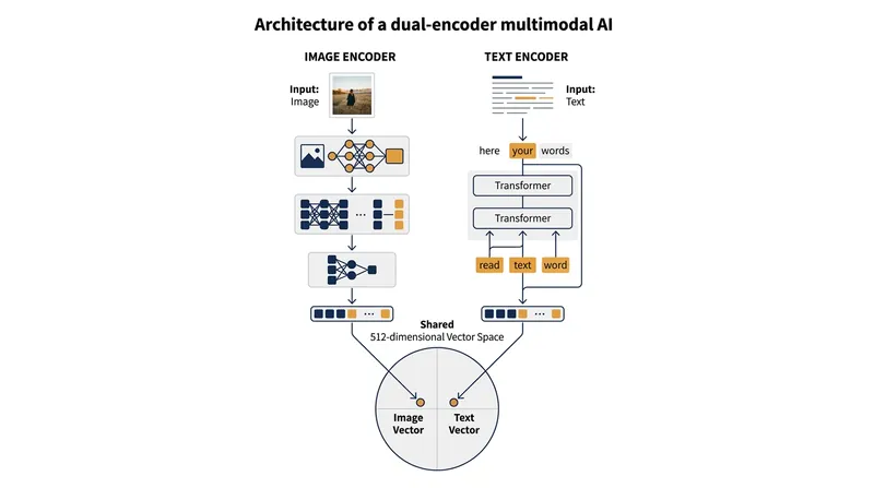 Dual-encoder architectures process images and text independently before mapping them to the same mathematical coordinates.