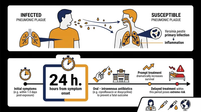Pneumonic plague transmits directly between humans and requires antibiotic intervention within 24 hours of symptom onset.