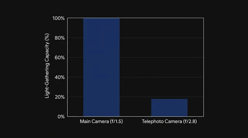 Combined with narrower apertures, telephoto lenses operate at a massive light deficit compared to main cameras.